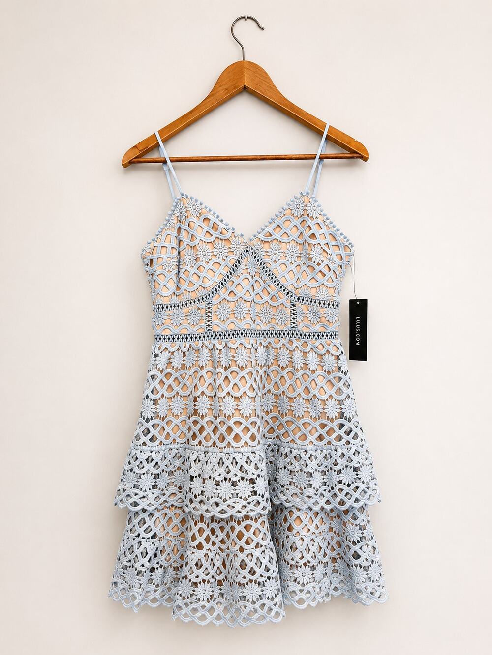 Blue Crochet Cottagecore Dress Size M Boho Spaghetti Strap Fit & Flare Mini